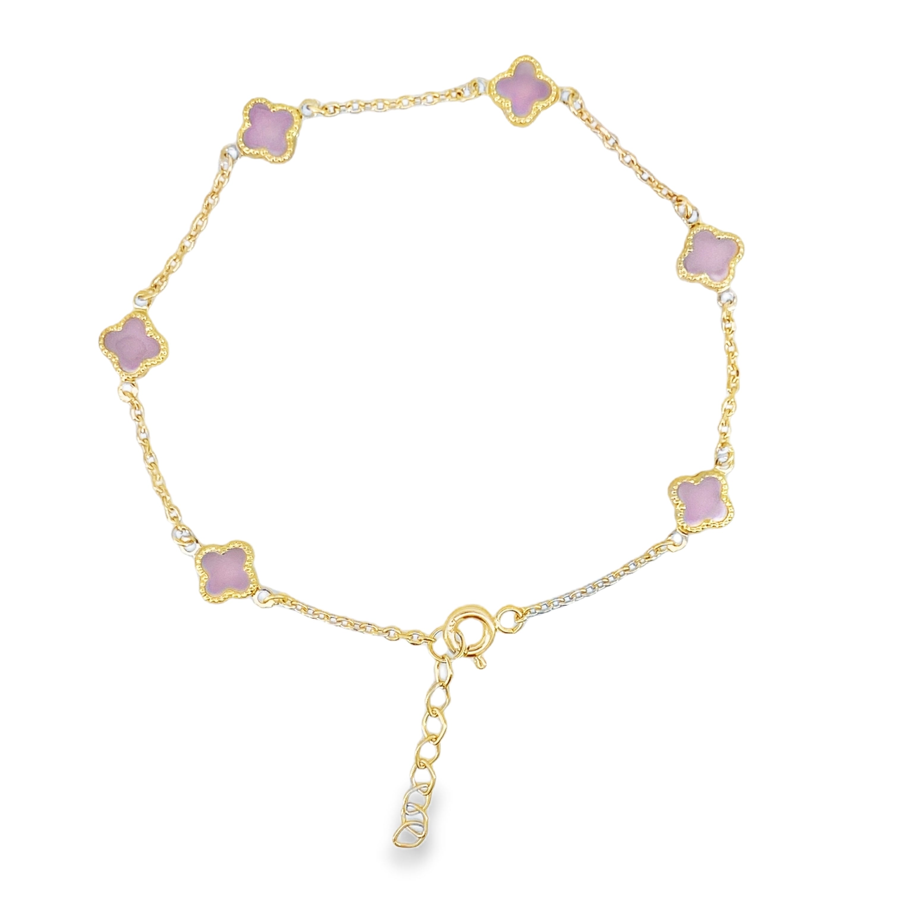 10K Yellow Gold Small Pink Flowers Bracelet 7In 1.5Dwt