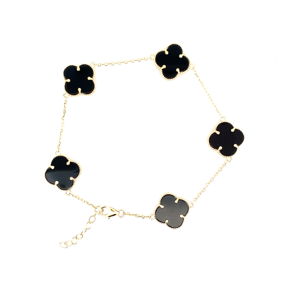 10K Yellow Gold Five Black Flowers Bracelet 7In 2.8Dwt