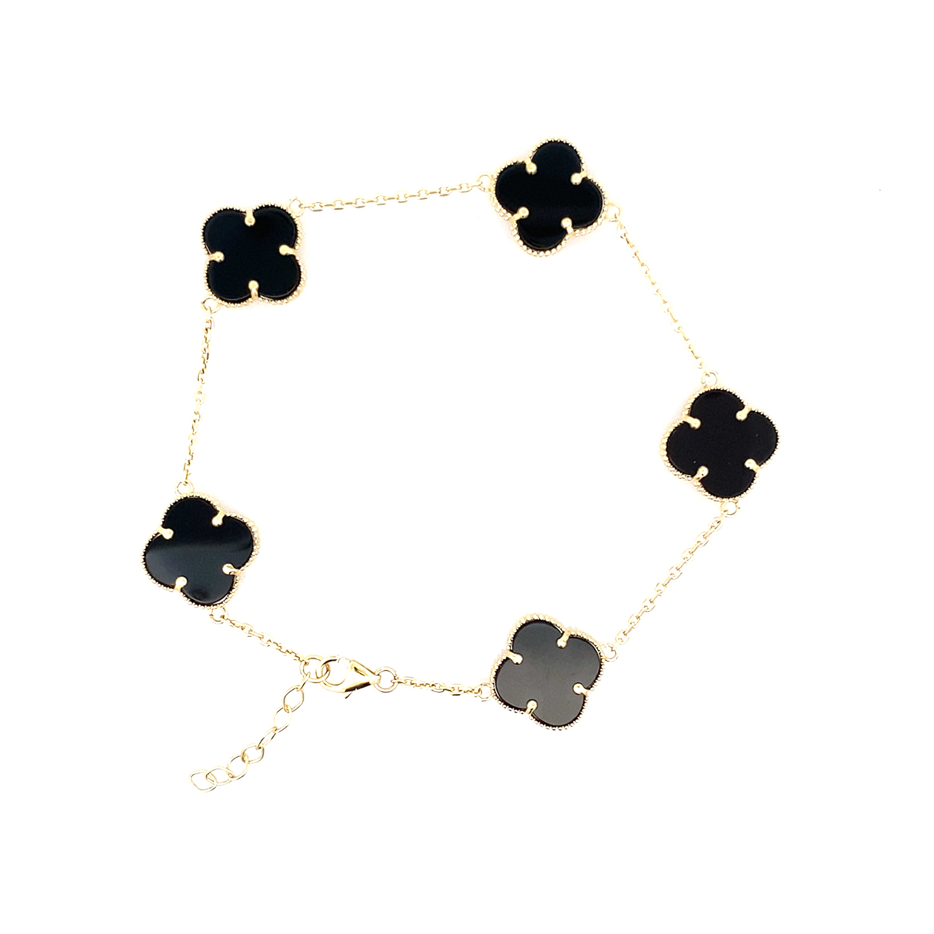 10K Yellow Gold Five Black Flowers Bracelet 7In 2.8Dwt