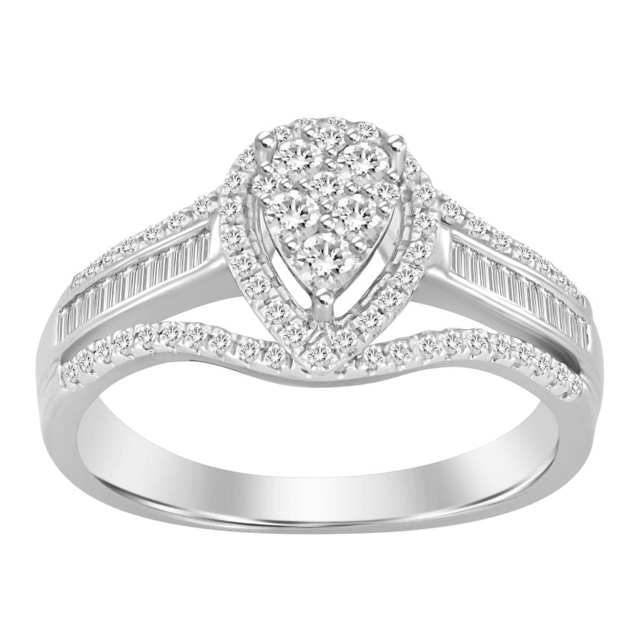 LADIES RING 0.50CT ROUND/BAGUETTE DIAMOND 10K WHITE GOLD
