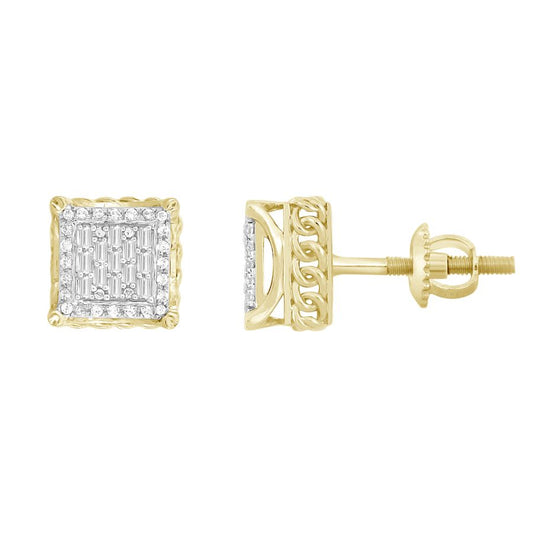 LADIES EARRINGS 0.25CT ROUND/BAGUETTE DIAMOND 10K YELLOW GOLD