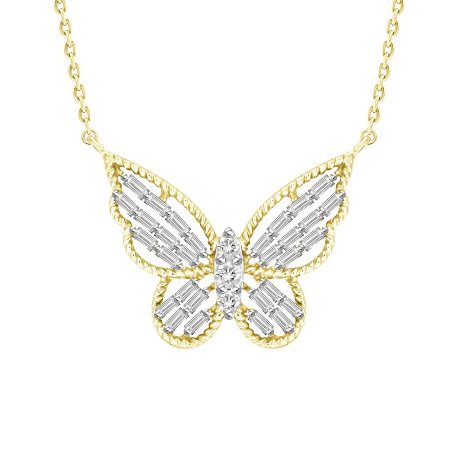 LADIES NECKLACE 0.25CT ROUND/BAGUETTE DIAMOND 14K YELLOW GOLD (SI QUALITY)