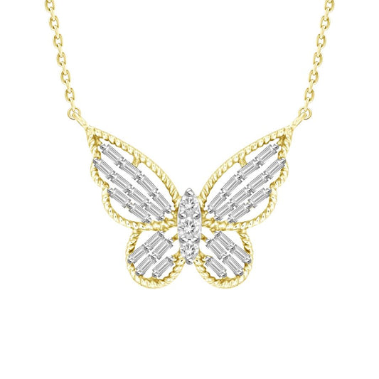 LADIES NECKLACE 0.25CT ROUND/BAGUETTE DIAMOND 14K YELLOW GOLD (SI QUALITY)