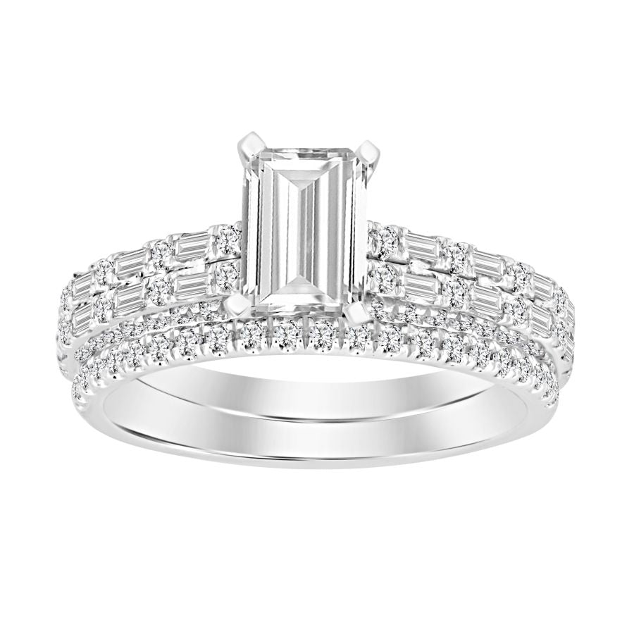 LADIES SEMI MOUNT BRIDAL SET 0.80CT ROUND/BAGUETTE DIAMOND 14K WHITE GOLD (CENTER STONE 1.00CT EMERALD DIAMOND)