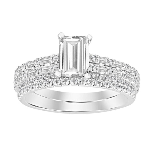 LADIES SEMI MOUNT BRIDAL SET 0.80CT ROUND/BAGUETTE DIAMOND 14K WHITE GOLD (CENTER STONE 1.00CT EMERALD DIAMOND)