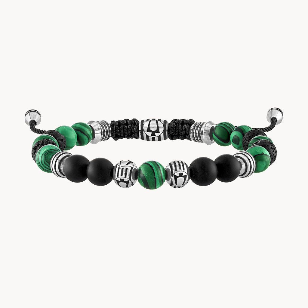 Bulova Classic Bolo Bracelet Stainless Steel With Black Cord W/ Onyx, Malachite & Black Lava Beads (Bvb1072-Nstmalma)