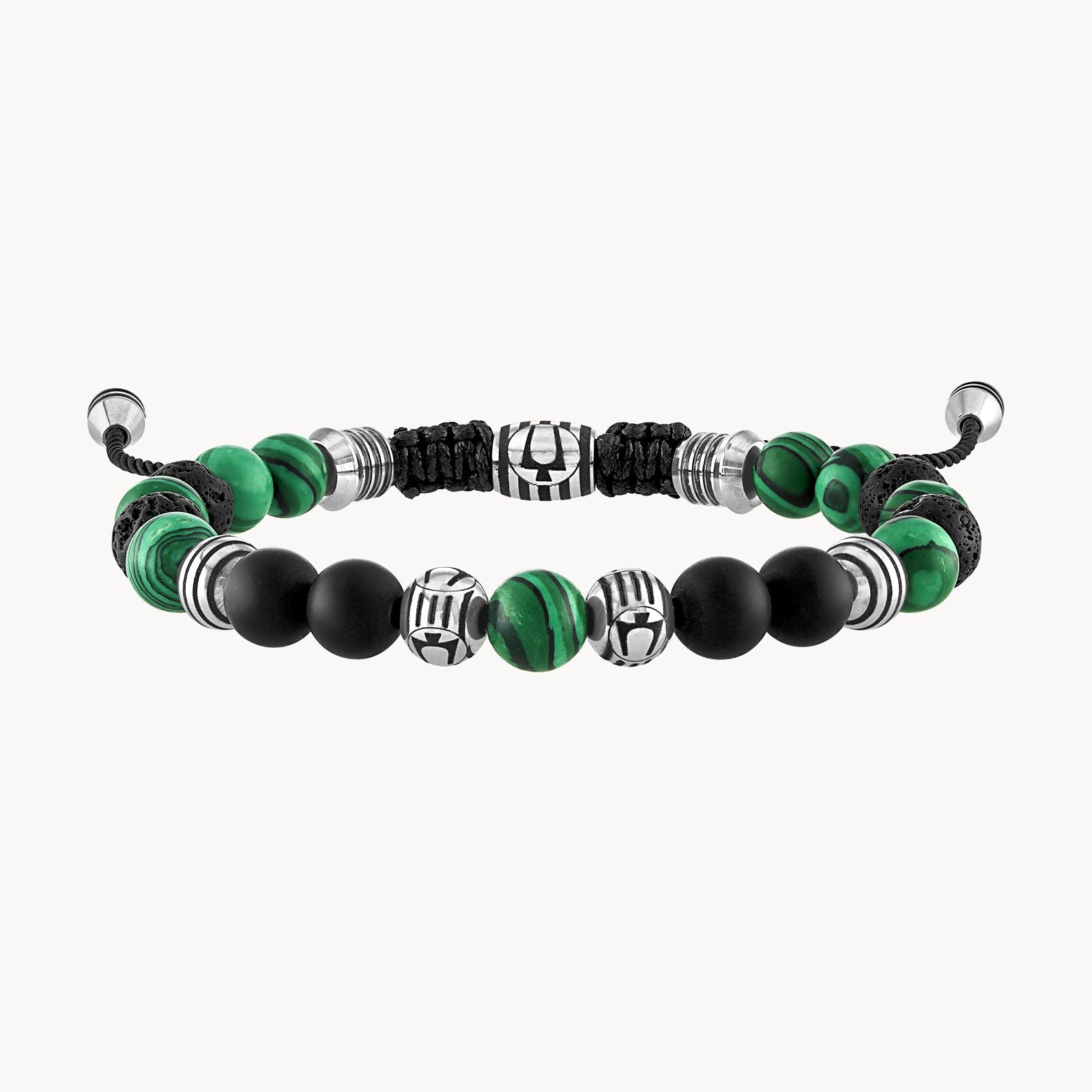 Bulova Classic Bolo Bracelet Stainless Steel With Black Cord W/ Onyx, Malachite & Black Lava Beads (Bvb1072-Nstmalma)