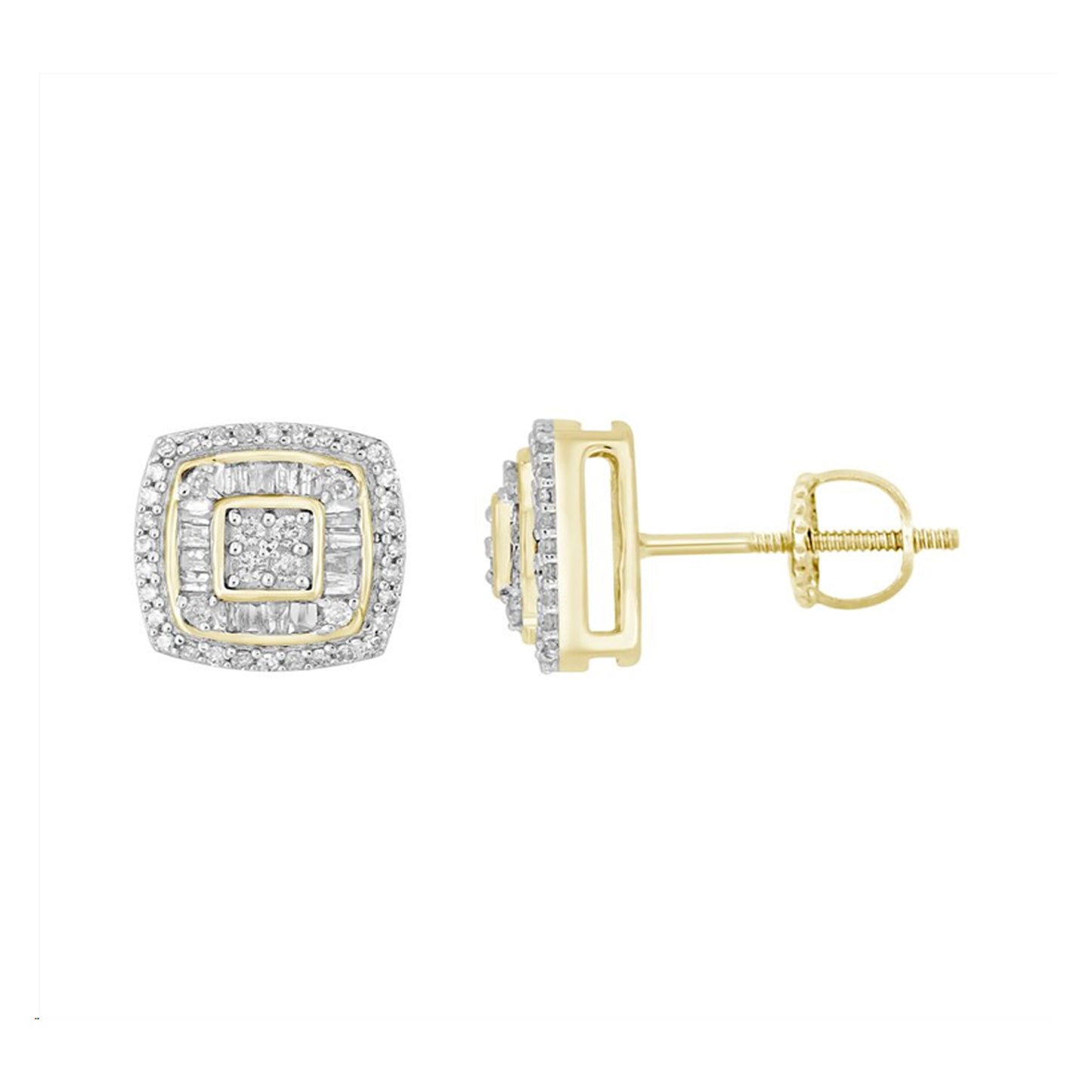 LADIES EARRINGS 0.33CT ROUND/BAGUETTE DIAMOND 10K YELLOW GOLD
