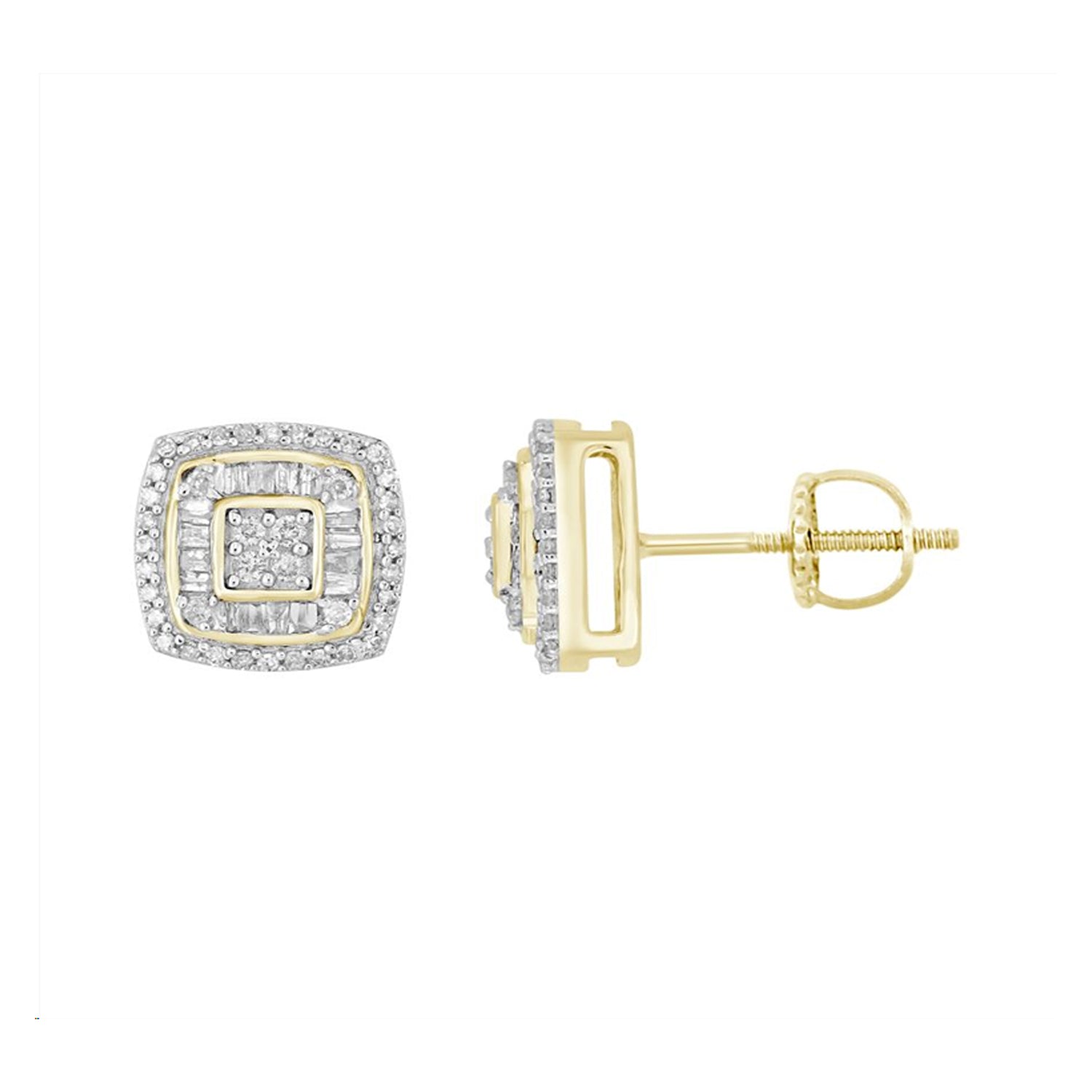 LADIES EARRINGS 0.33CT ROUND/BAGUETTE DIAMOND 10K YELLOW GOLD