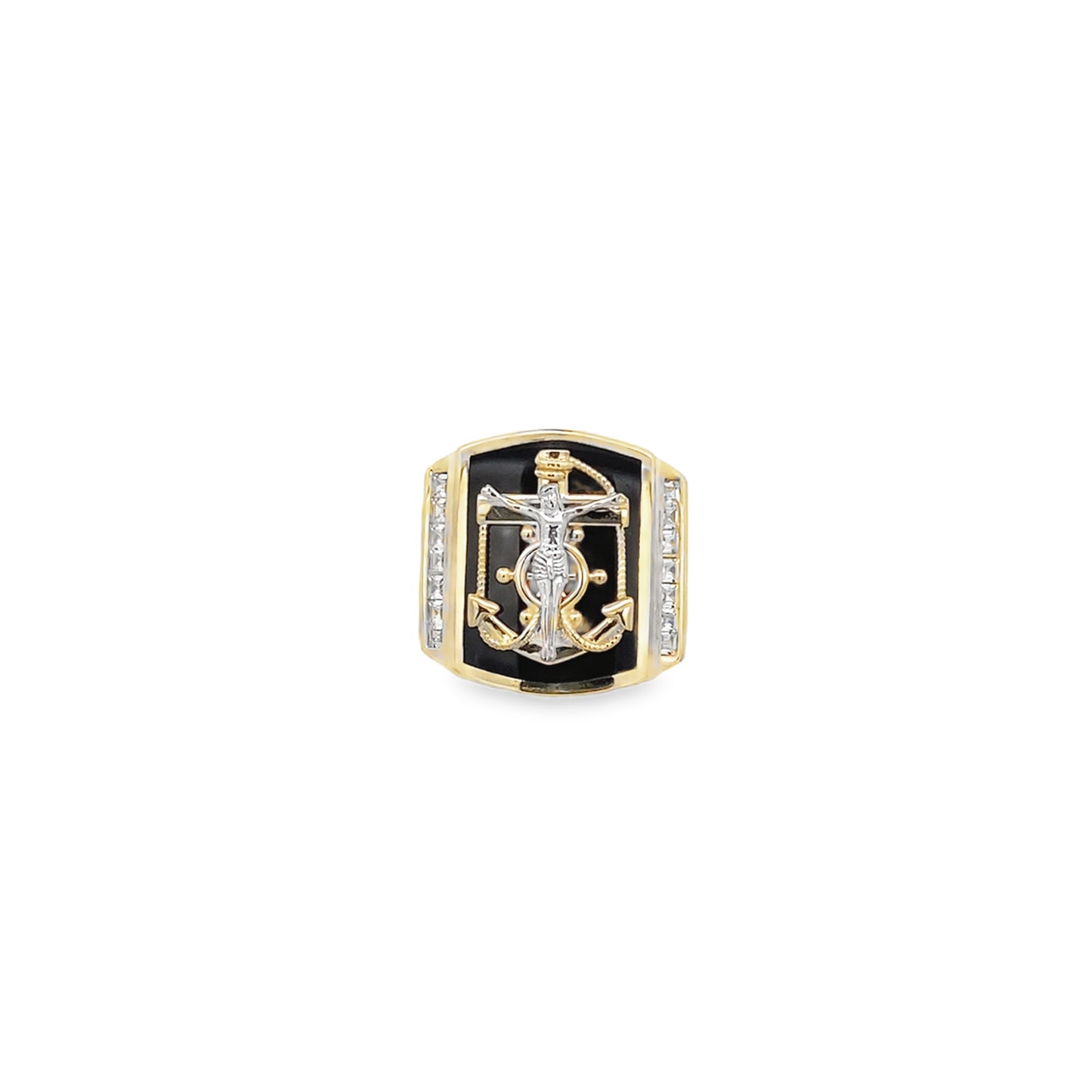 10K Two Tone Gold Onyx Anchor W/ Christ Mens Ring Size 11 8.3Dwt