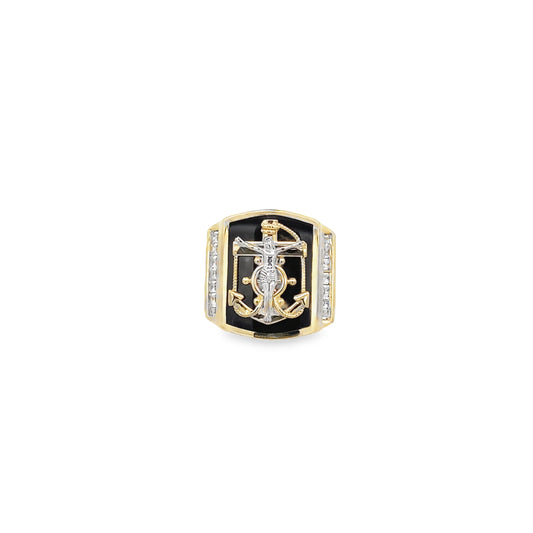 10K Two Tone Gold Onyx Anchor W/ Christ Mens Ring Size 11 8.3Dwt