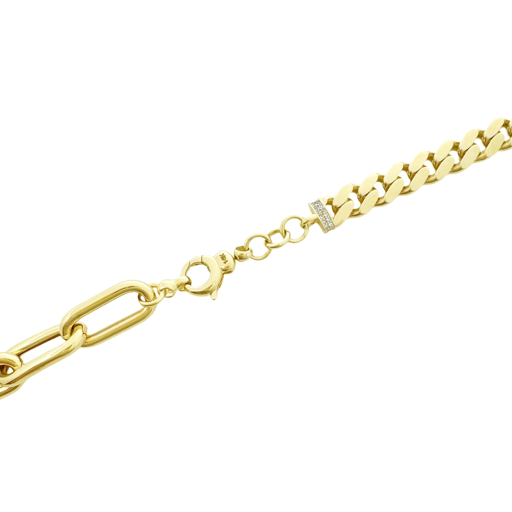 14K Yellow Gold Half Cuban Link Half Paperclip Fancy Hollow Necklace 18In 20.7Dwt