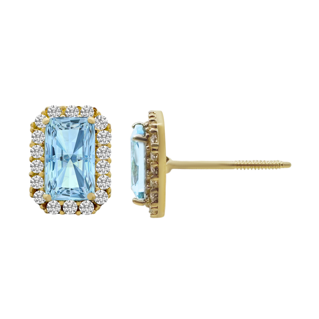 14K Yellow Gold Light Blue Stone & Cz Stud Earrings