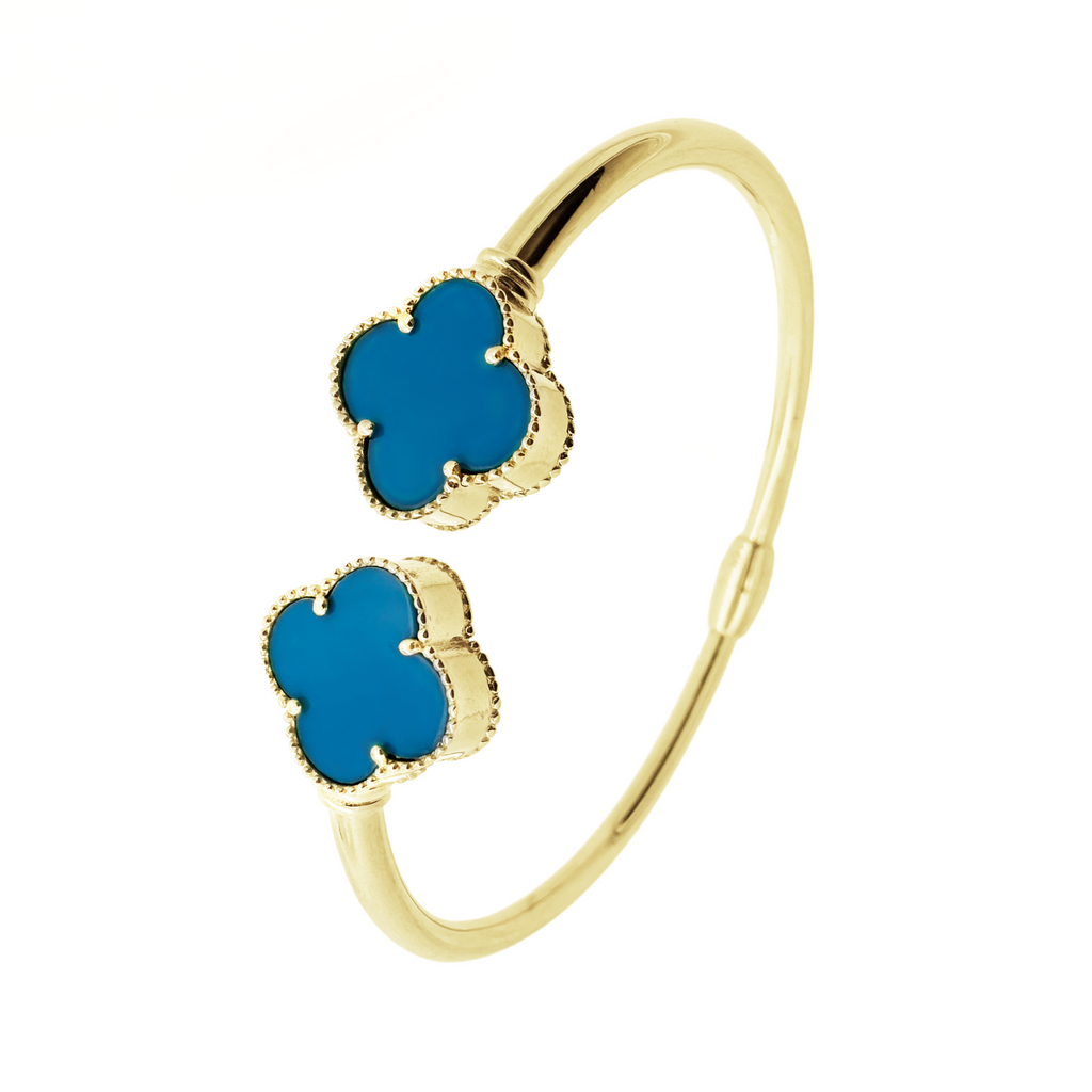 14K Yellow Gold Blue Flowers Hinged Bangle 6.1Dwt
