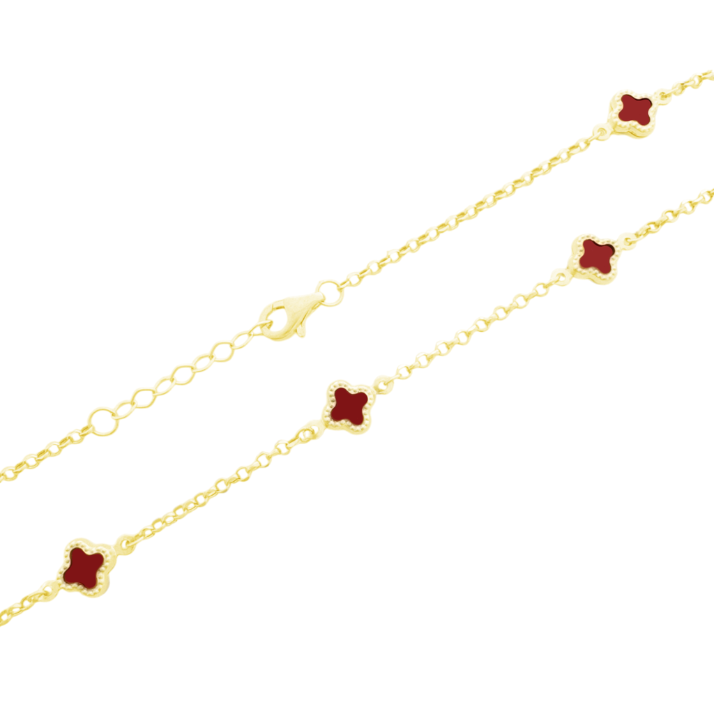 10K Yellow Gold Red Flowers Necklace 18In 3Dwt