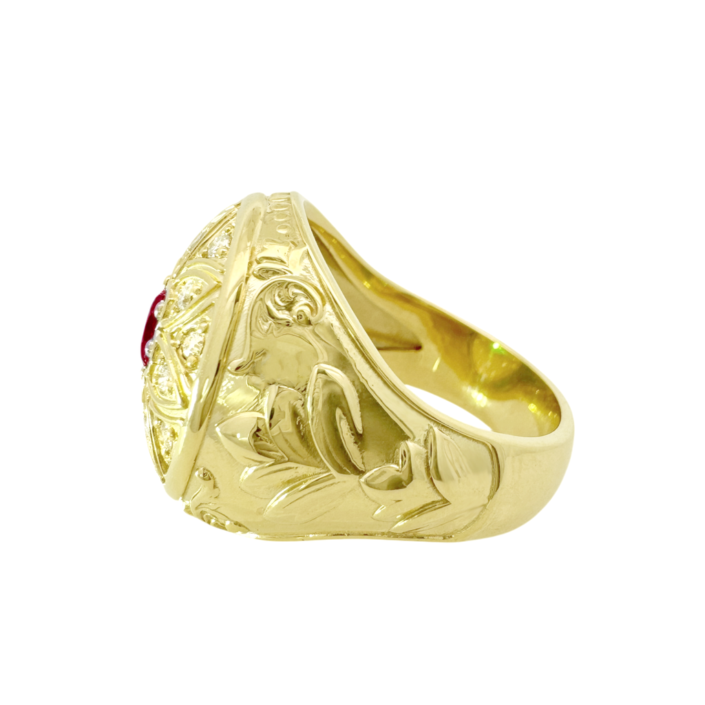 0.48Ctw 10K Yellow Gold Lab Grown Diamond & Ruby Mens Rosetta Ring Size 11.75 10.9Dwt