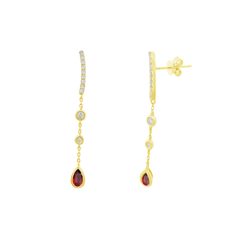 0.21Ct Dia 0.43Ct Ru 14K Yellow Gold Drop Ruby Earrings 1.2Dwt