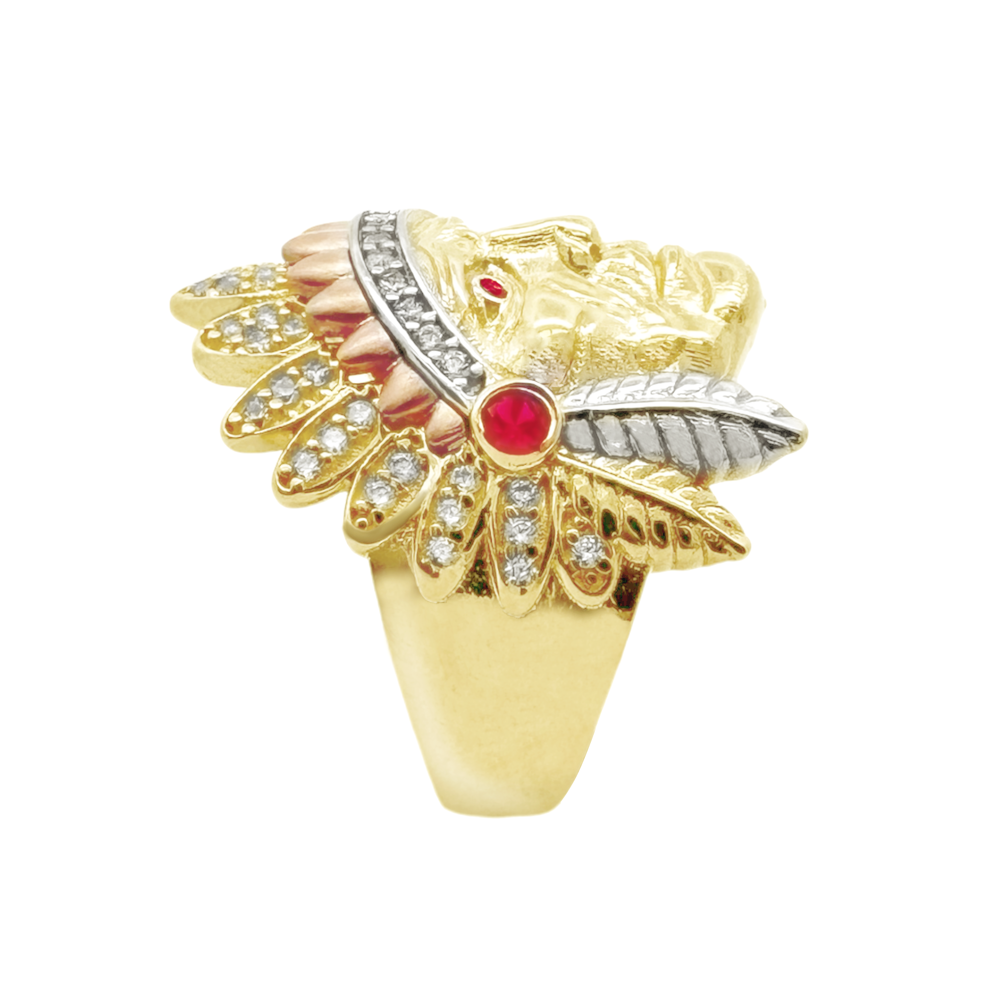 10K Tri Color Gold Cz Indian Chief Style Mens Ring Size 10 3.9Dwt