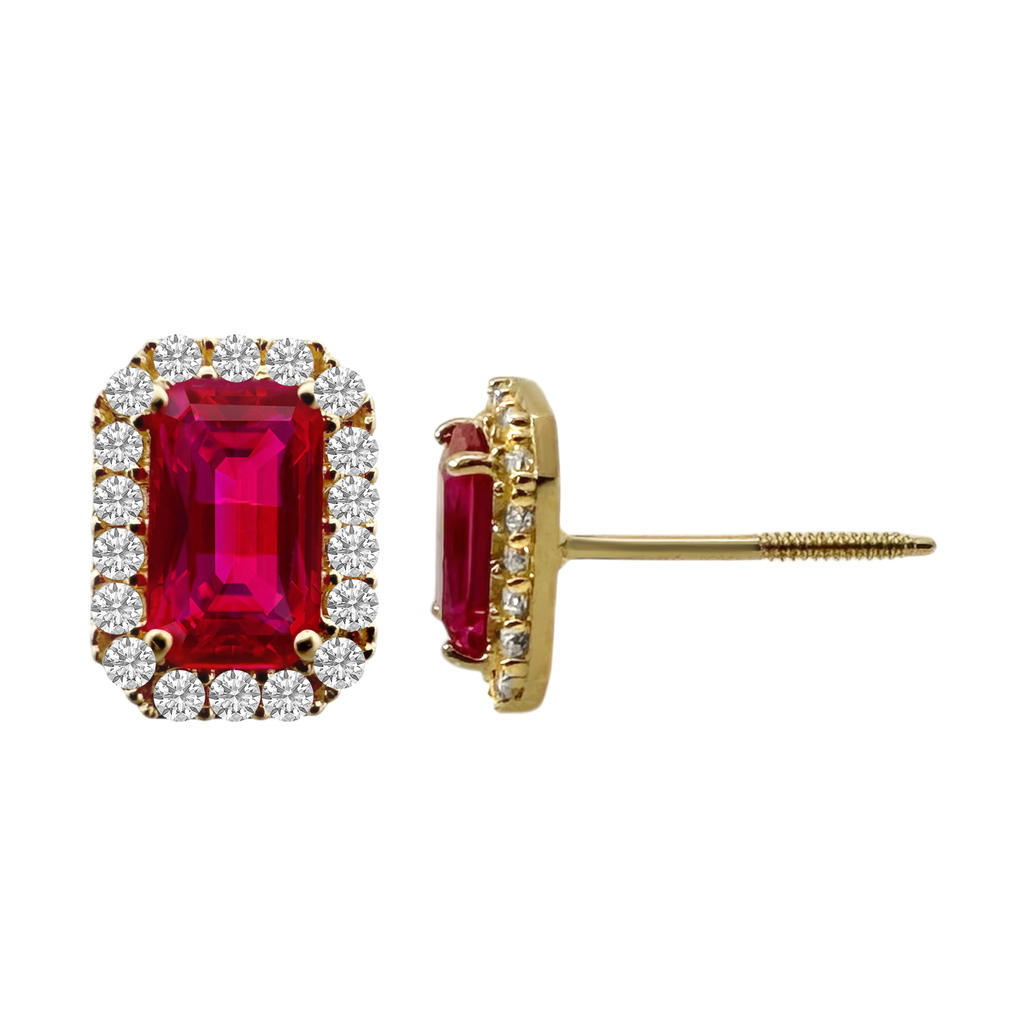 14K Yellow Gold Red Stone & Cz Stud Earrings