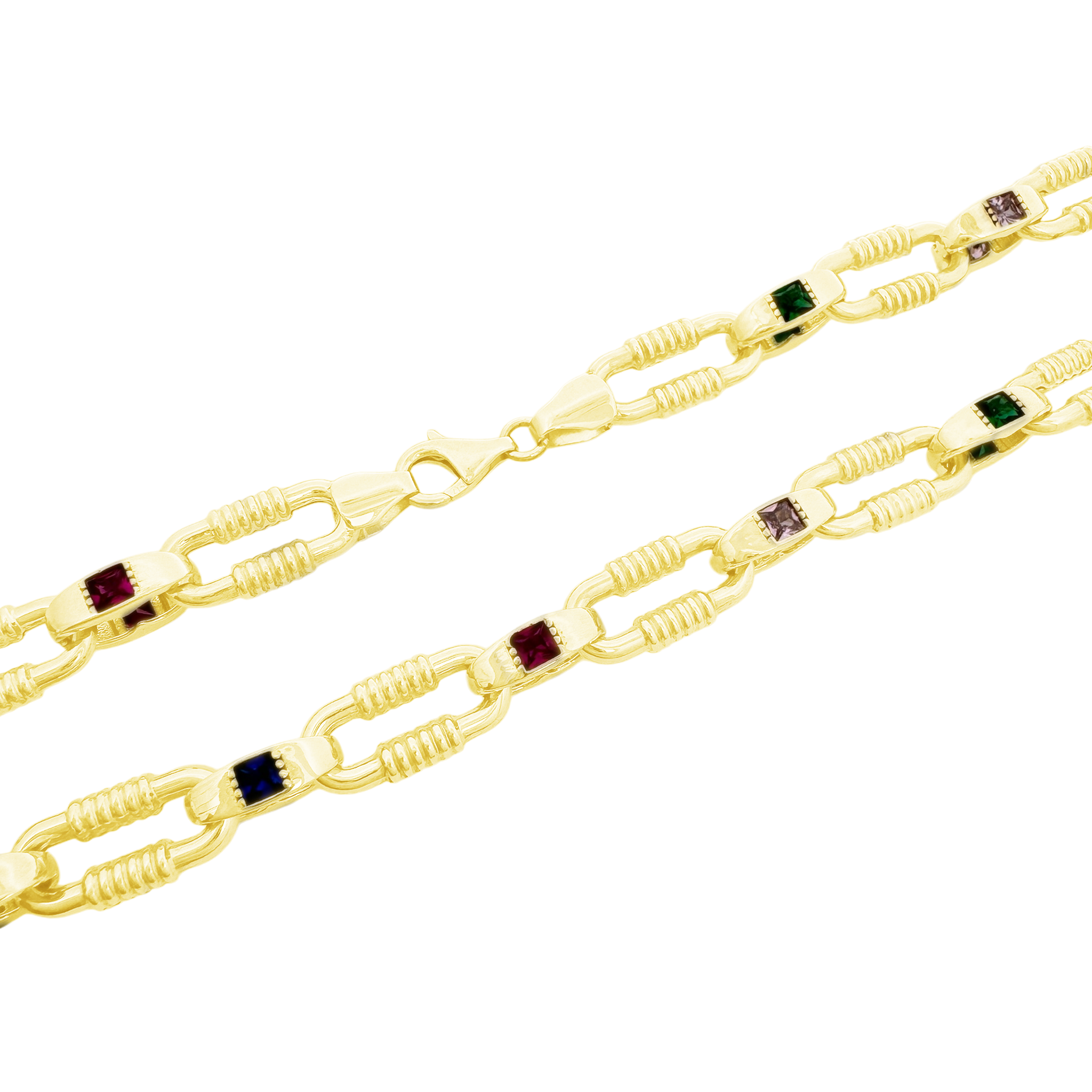 10K Yellow Gold Color Stones Fancy Paper Clip Link Necklace 18In 17.1Dwt