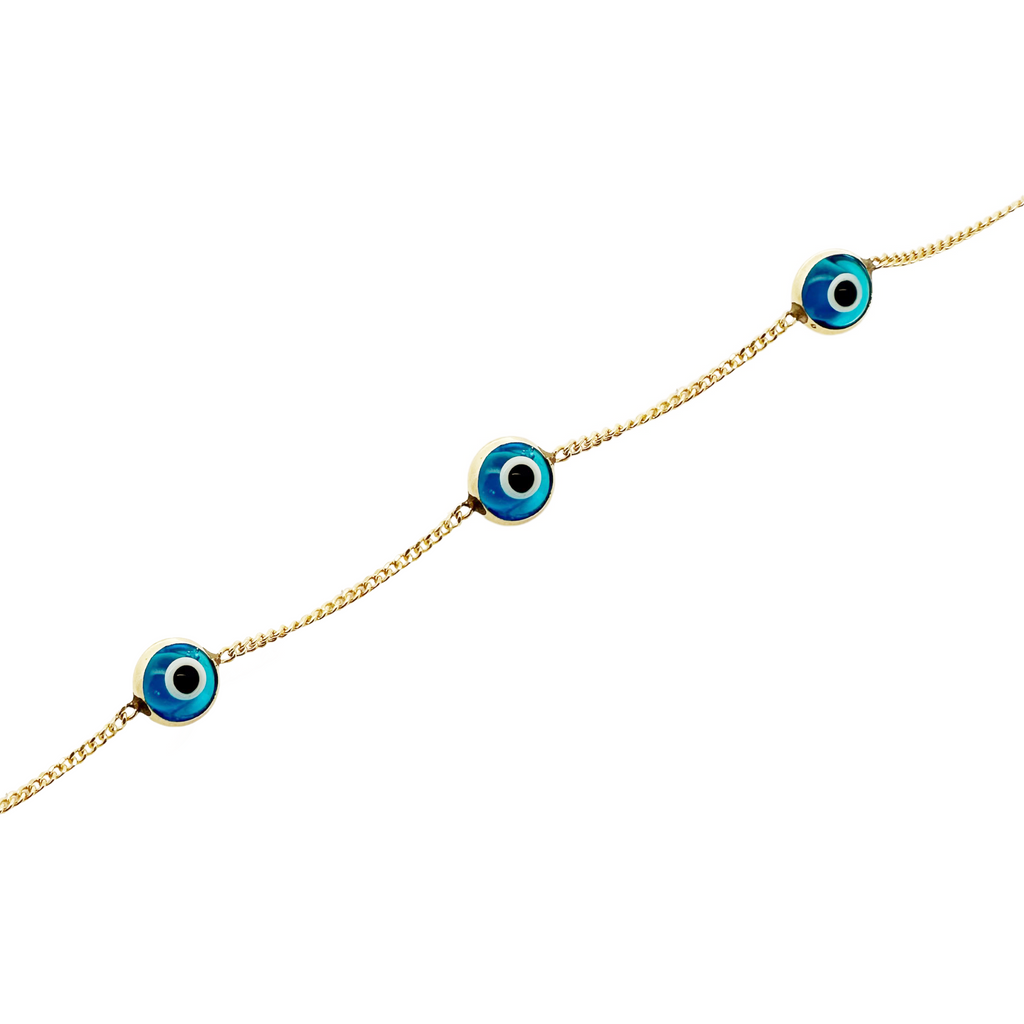14K Yellow Gold Blue Evil Eyes Bracelet 8In 2.8Dwt