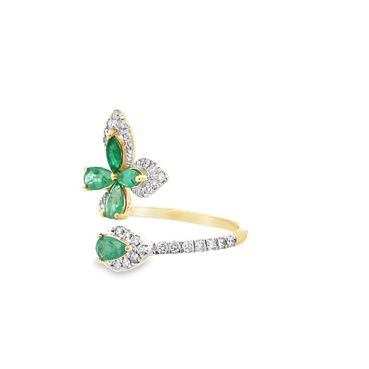 0.32Ctw Diamond 1.00Ctw Emerald 14K Yellow Gold Butterfly Ring Size 7 1.8Dwt