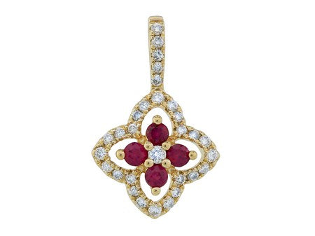 0.19Ctw Ruby & 0.15Ctw Diamond 14K Yellow Gold Flower Pendant 0.6Dwt