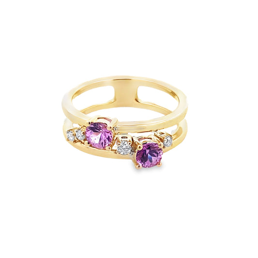 0.76 Psrd/ 0.10 Ctw Dird 14K Yellow Gold Pink Sapphire & Dia Ring Size 7 3.2Dw