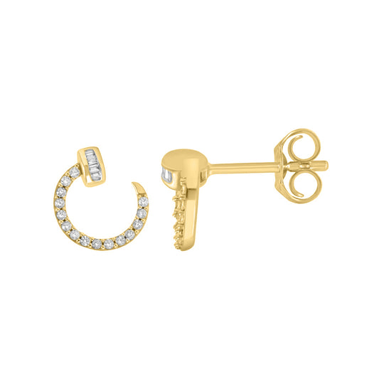 LADIES EARRINGS 0.25CT ROUND/BAGUETTE DIAMOND 14K YELLOW GOLD