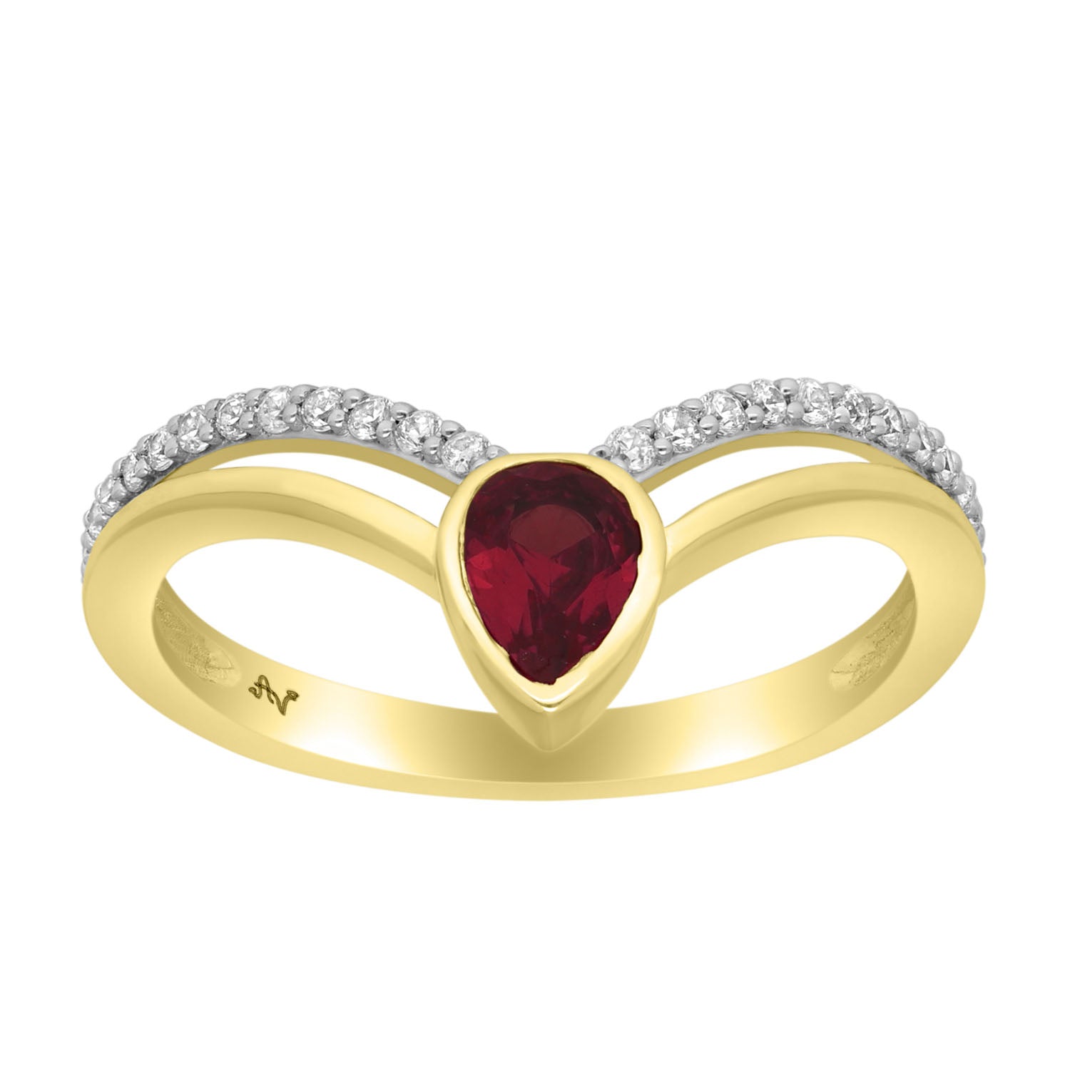 LADIES RING 0.65CT ROUND/PEAR/RUBY DIAMOND 14K YELLOW GOLD
