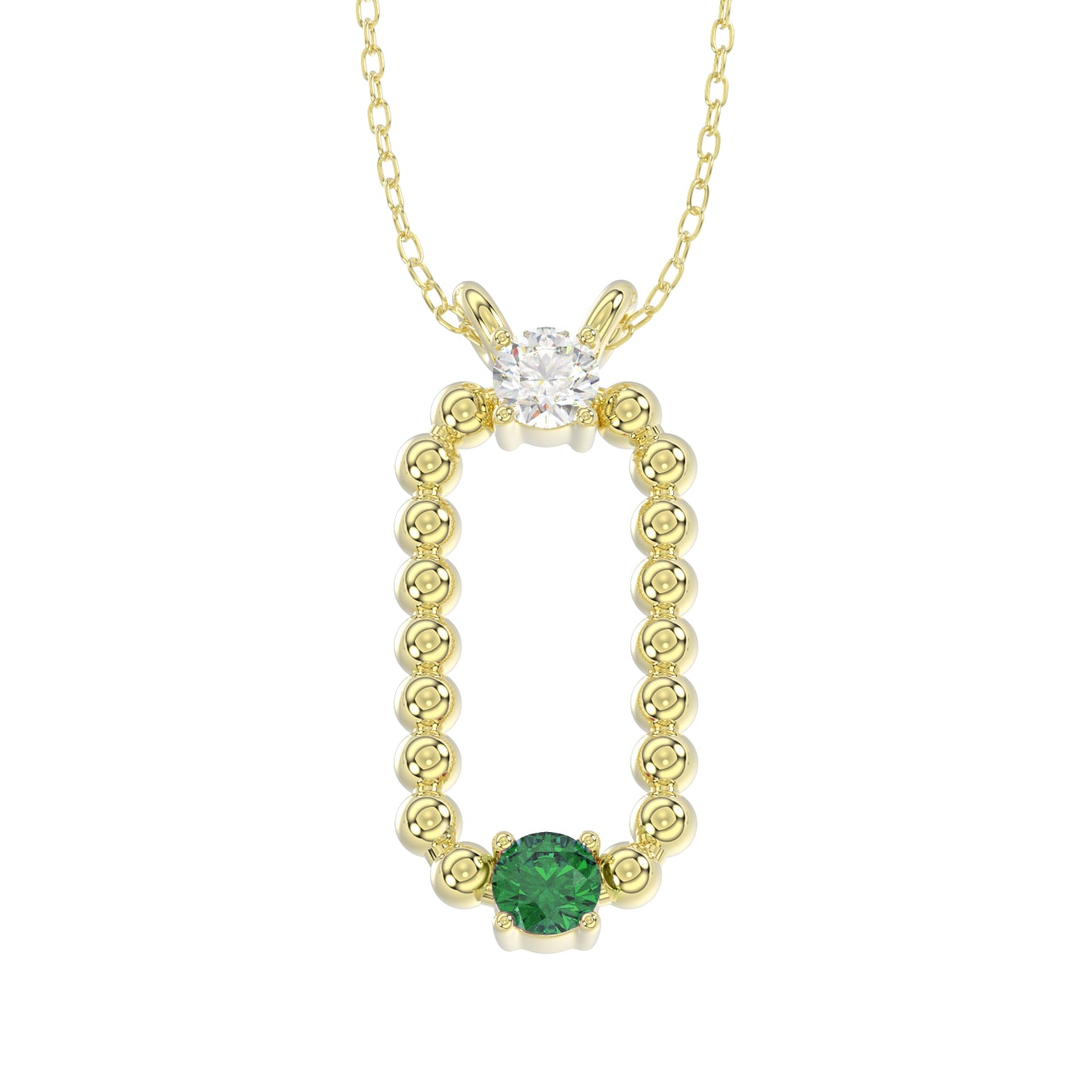 LADIES PENDANT WITH CHAIN 0.15CT ROUND/EMERALD DIAMOND 14K YELLOW GOLD (CENTER STONE ROUND EMERALD -0.10CT)