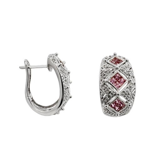 14K White Gold Diamond & Pink Sapphire Huggie Earrings 4.2Dwt