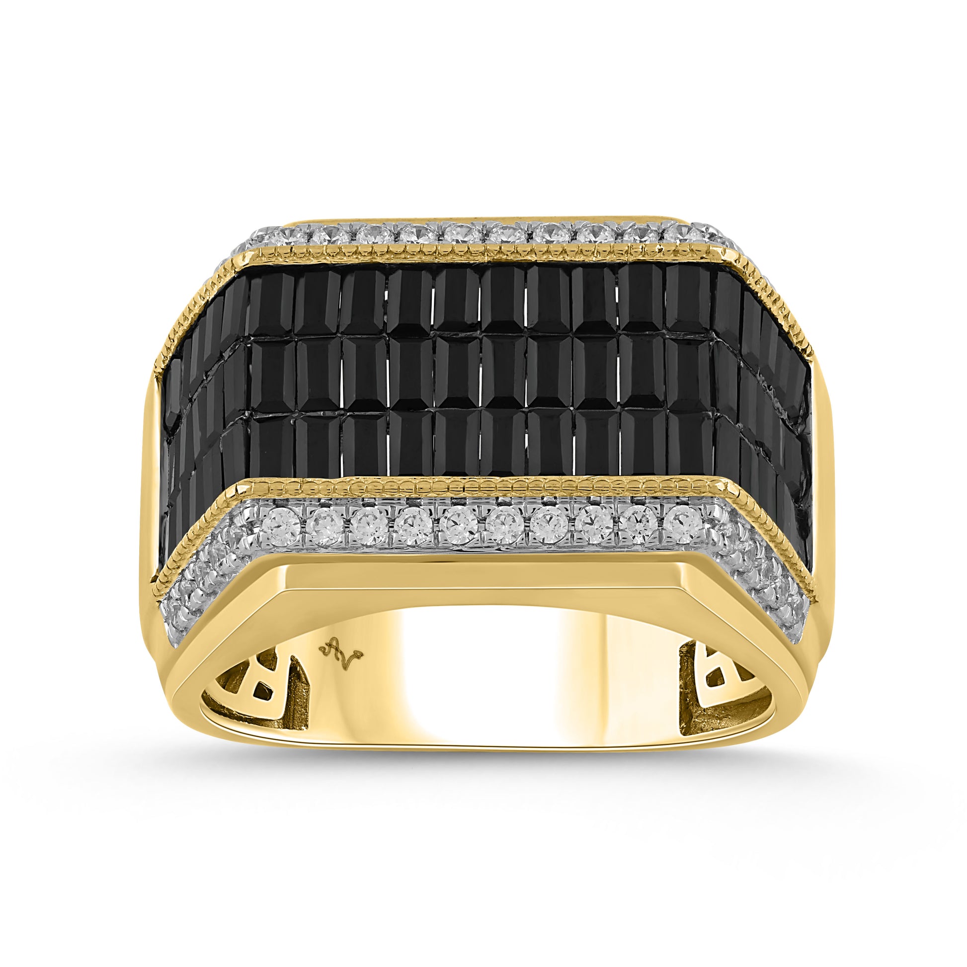 MEN'S RING 3.00CT BLACK/ROUND/BAGUETTE DIAMOND 10K YELLOW GOLD