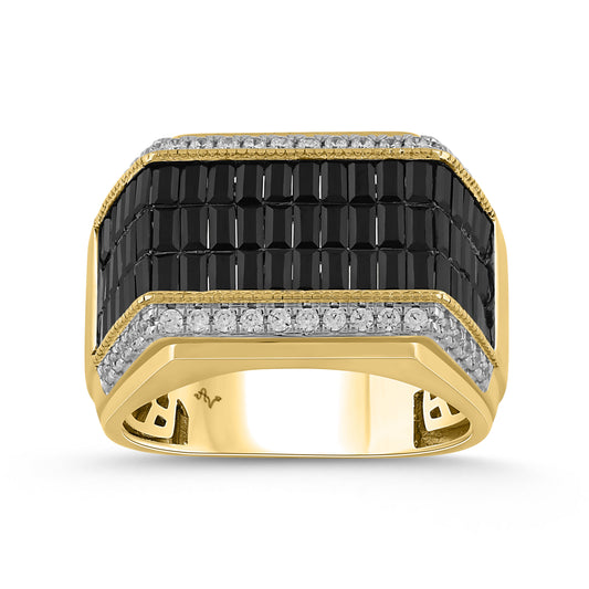 MEN'S RING 3.00CT BLACK/ROUND/BAGUETTE DIAMOND 10K YELLOW GOLD