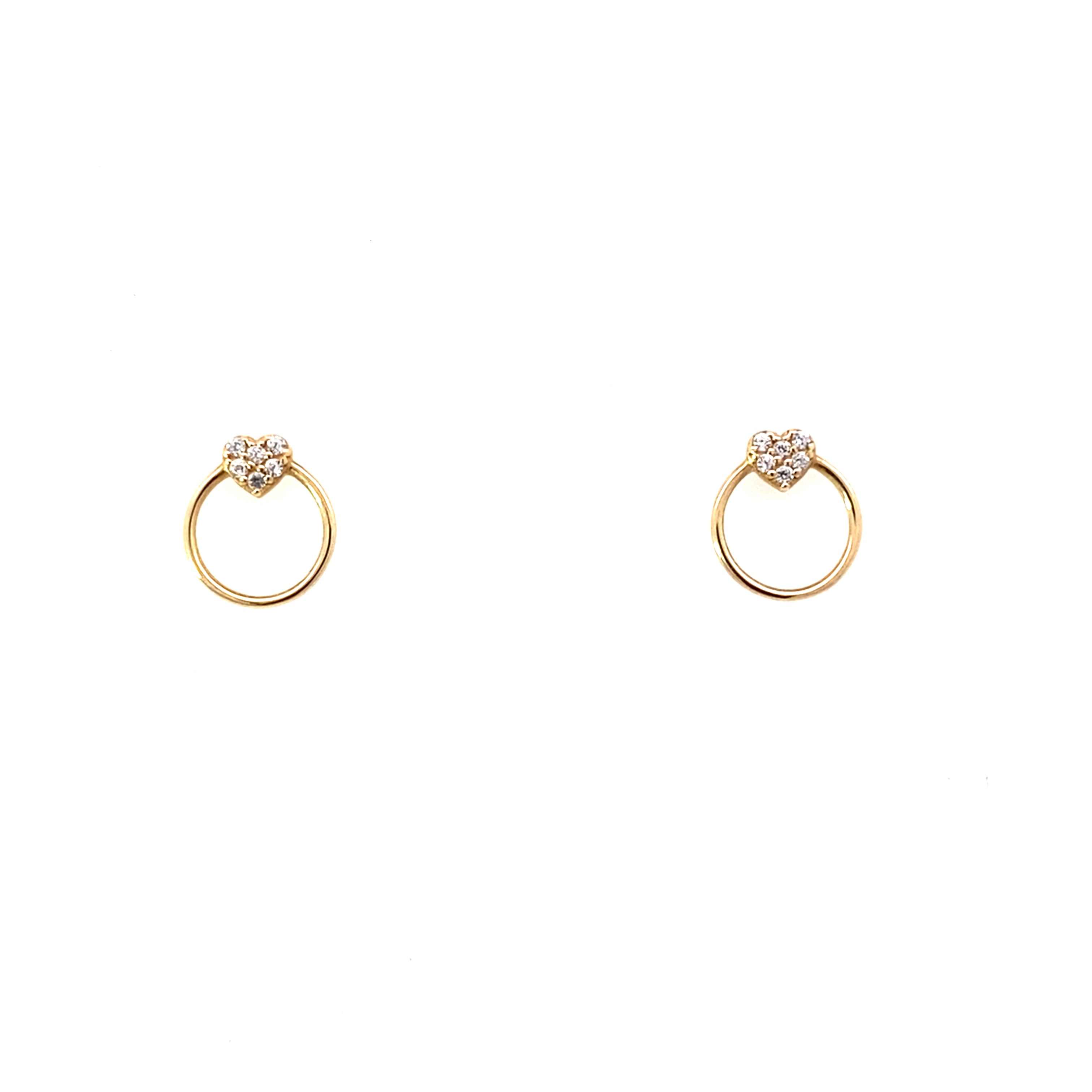 14K Yellow Gold Cz Heart On Circle Stud Earrings