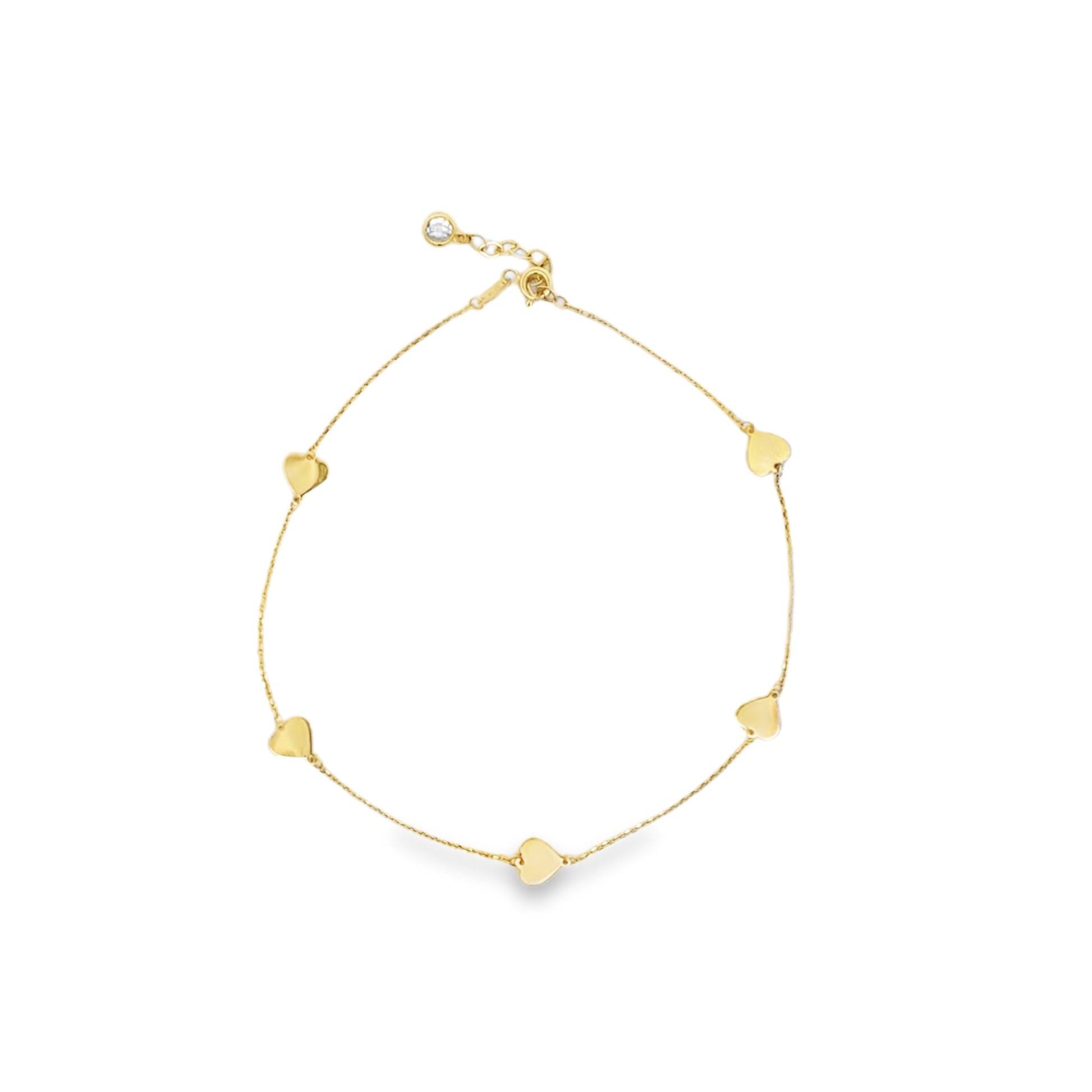 10K Yellow Gold Heart Station Link Anklet 10In W/ Ext 1.0Dwt