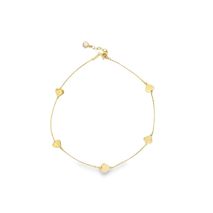 10K Yellow Gold Heart Station Link Anklet 10In W/ Ext 1.0Dwt