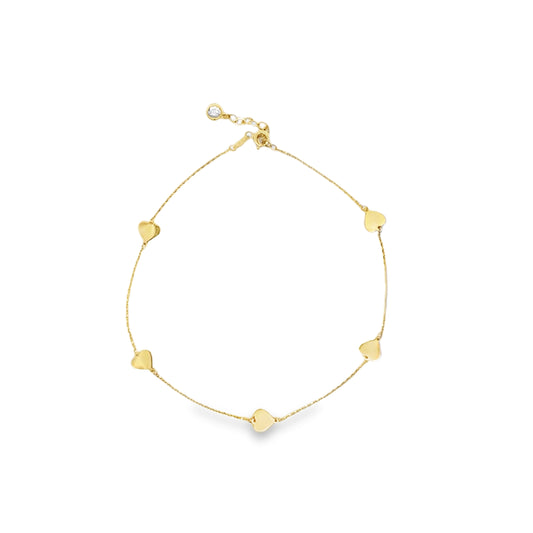 10K Yellow Gold Heart Station Link Anklet 10In W/ Ext 1.0Dwt
