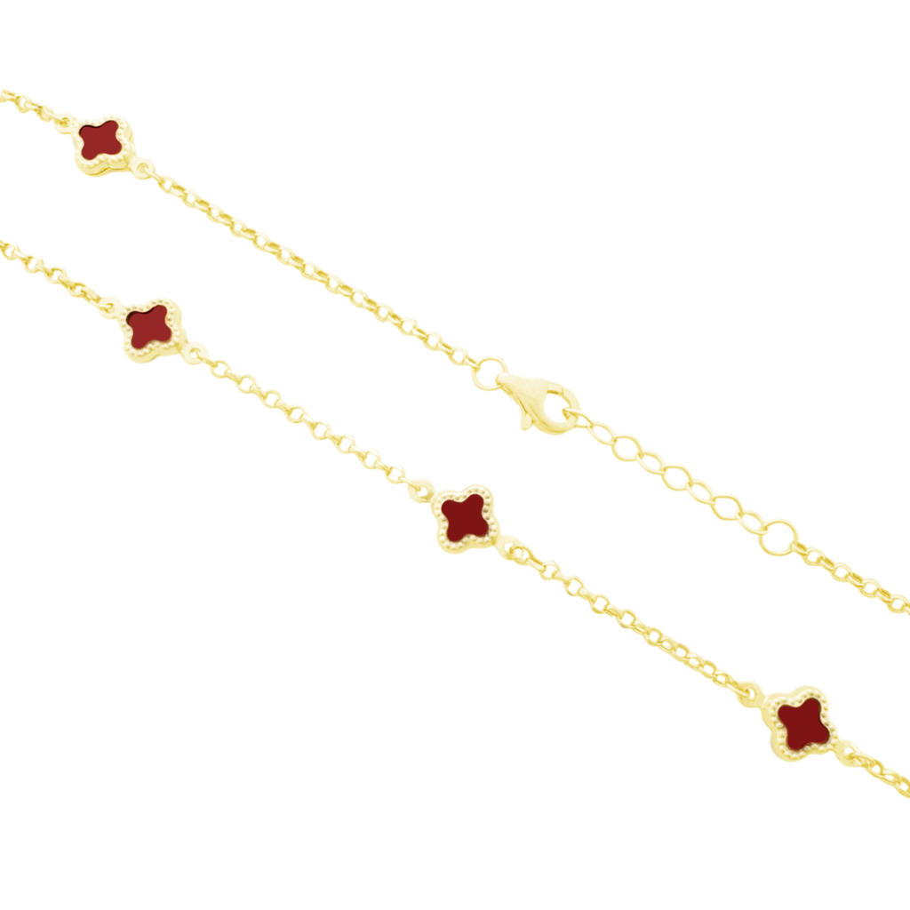 10K Yellow Gold Red Flowers Necklace 18In 3Dwt