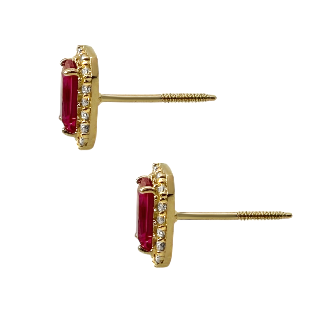 14K Yellow Gold Red Stone & Cz Stud Earrings