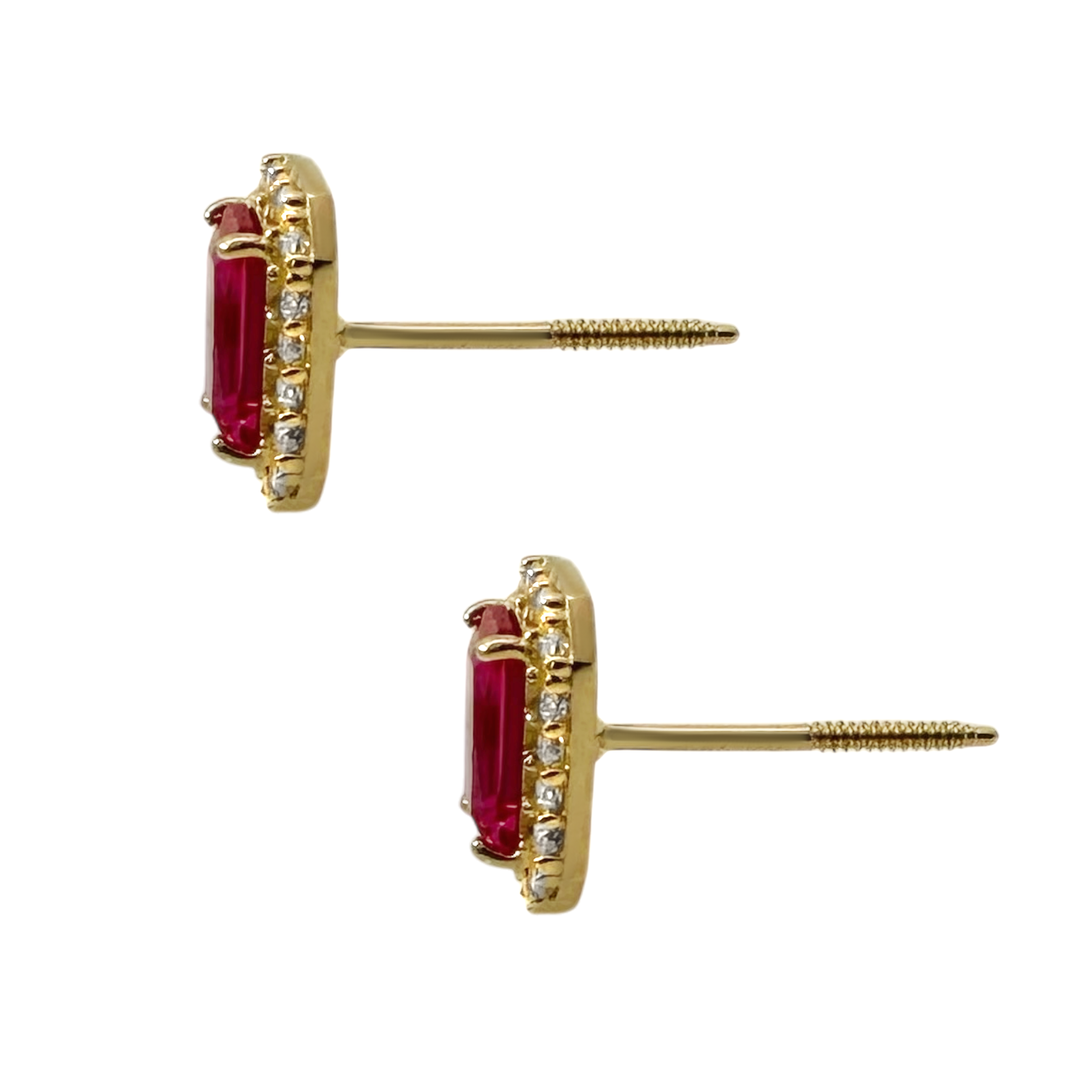 14K Yellow Gold Red Stone & Cz Stud Earrings