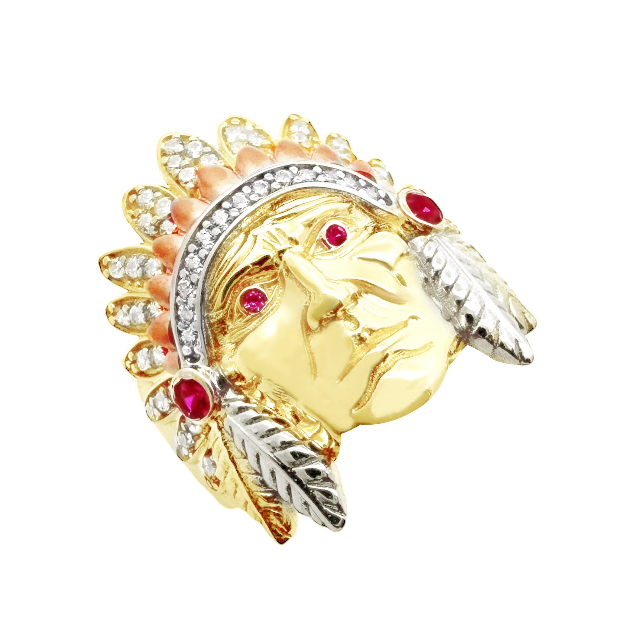 10K Tri Color Gold Cz Indian Chief Style Mens Ring Size 10 3.9Dwt