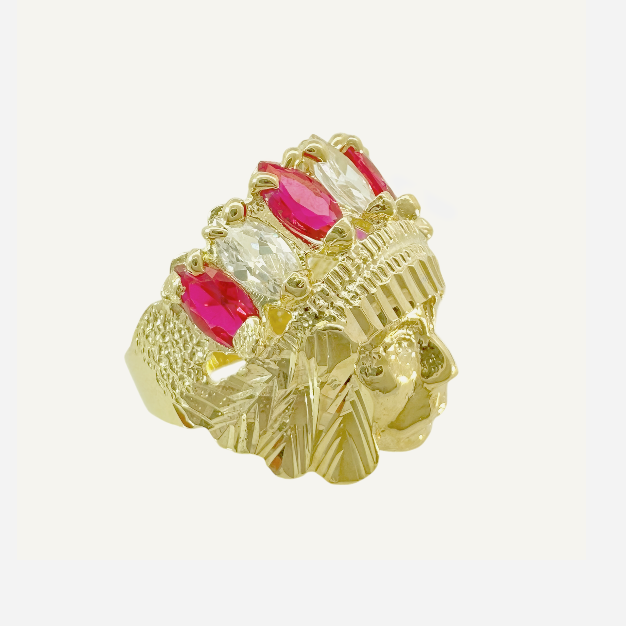 10K Yellow Gold Color Stone Indian Chief Style Mens Ring Size 9 4.2Dwt