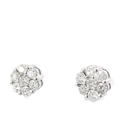 0.91Ctw 14K White Gold Diamond Flower Cluster Stud Earrings