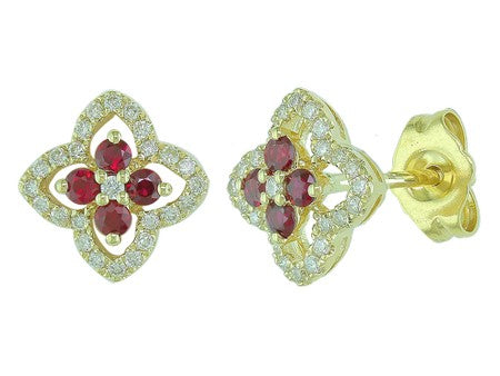 0.25CTW RUBY & 0.21CTW DIAMOND 14K YELLOW GOLD FLOWER EARRINGS 1.0DWT