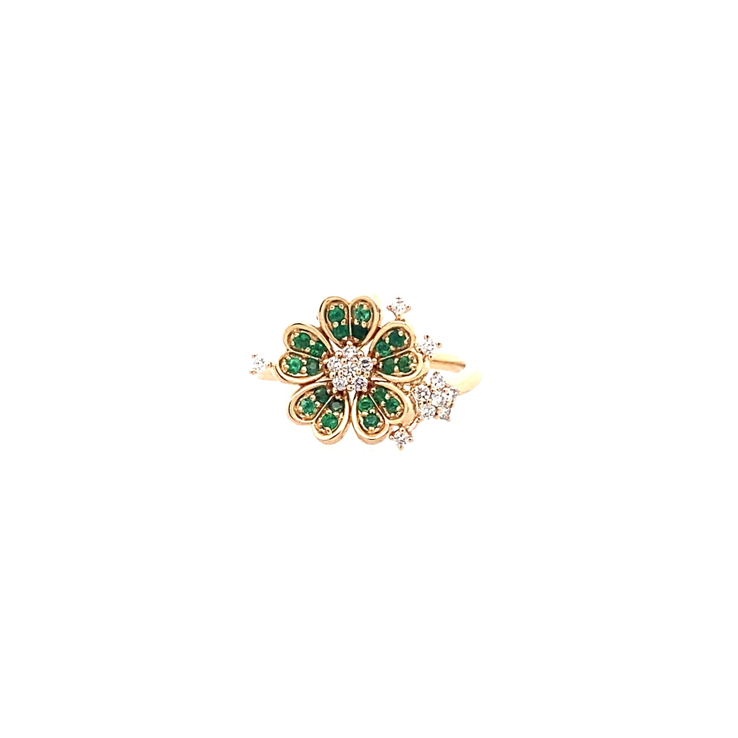 0.18Ctw Dird/0.21 Ctw Emrd 14K Yellow Gold Emerald & Dia Flower Ring Size 7 2.7Dwt