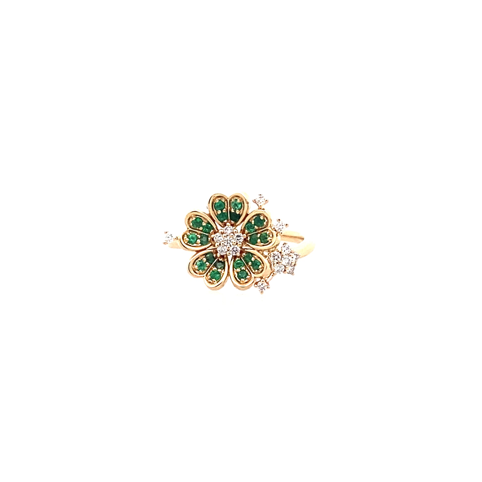 0.18Ctw Dird/0.21 Ctw Emrd 14K Yellow Gold Emerald & Dia Flower Ring Size 7 2.7Dwt