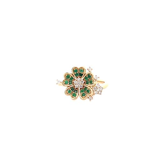 0.18Ctw Dird/0.21 Ctw Emrd 14K Yellow Gold Emerald & Dia Flower Ring Size 7 2.7Dwt