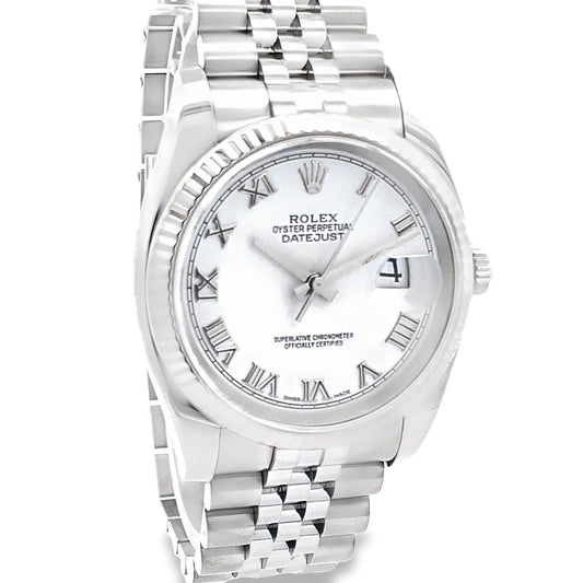 Pre-Owned 2018 Rolex Datejust 36Mm Model: 116234 18K Fluted Bezel Jubliee Link White Dial Roman Numeral Markers