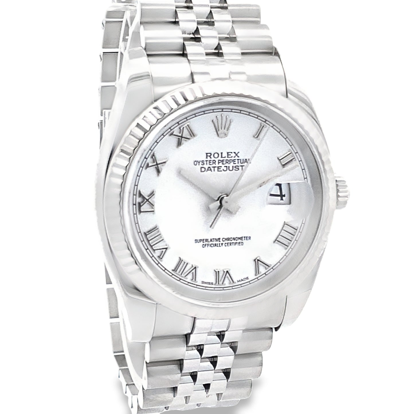 Pre-Owned 2018 Rolex Datejust 36Mm Model: 116234 18K Fluted Bezel Jubliee Link White Dial Roman Numeral Markers